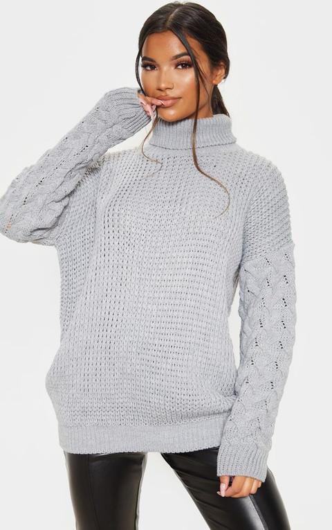 Grey Chunky Knitted Cable Sleeve Jumper