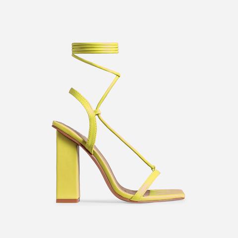 Scandalous Lace Up Square Toe Block Heel In Yellow Faux Leather, Yellow