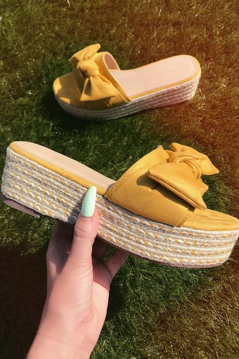 Marissa Yellow Suede Bow Detail Espadrille Flatform Wedges