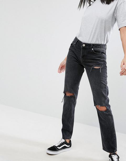 Asos - Brady - Boyfriend Jeans Vita Bassa Nero Slavato Con Ginocchia Strappate - Nero