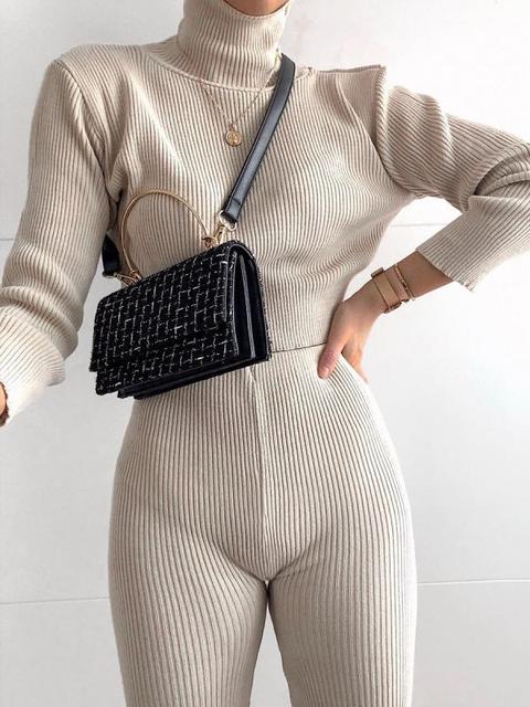 Stella Roll Neck Knitted Ribbed Loungewear Set In Stone