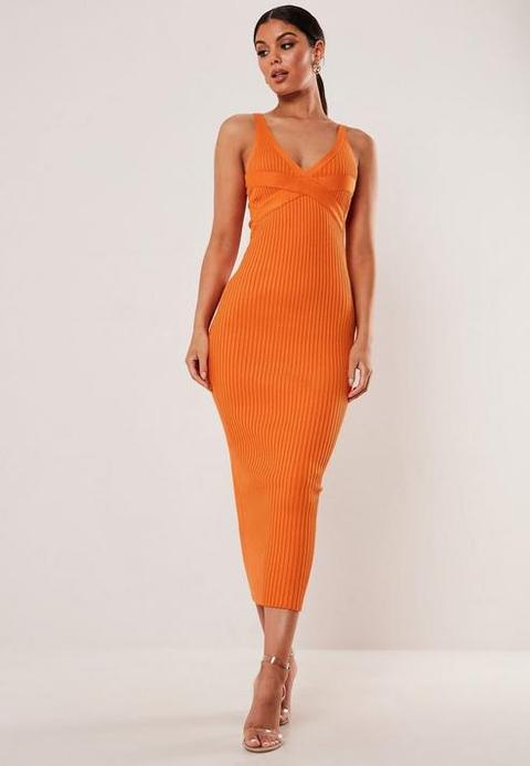 Orange Rib Plunge Bodycon Midaxi Dress, Orange