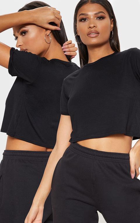 Basic Black 2 Pack Roll Sleeve Crop T Shirt