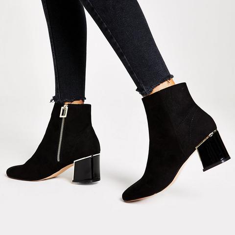 Black Faux Suede Block Heel Boots from River Island on 21 Buttons