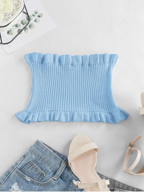 Zaful Haut Court Plissé Sans Bretelle À Volants Milk White Sea Blue Night Purple