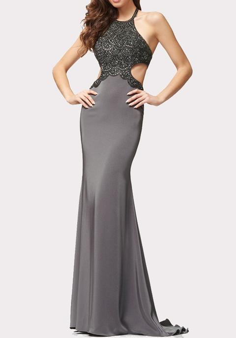 Maxi Vestito Scollo A Sirena Con Scollo A Lume Paillettes Grigio