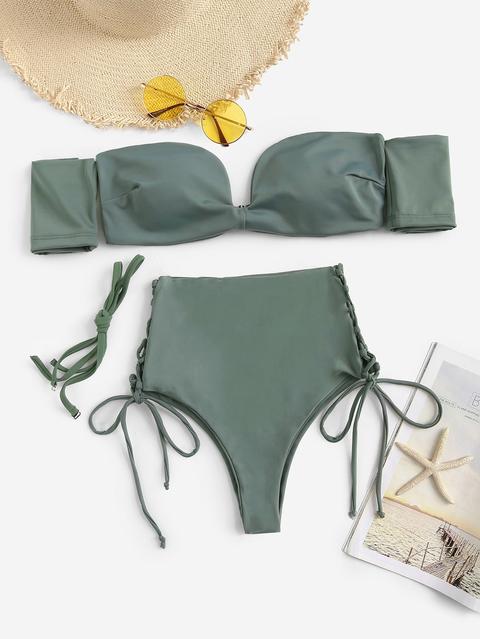 Set Bikini A Vita Alta Con Scollo A Barchetta E Nodo Laterale