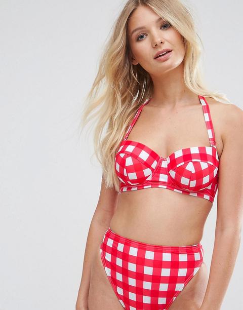 Top De Bikini Palabra De Honor En Tejido Reciclado Con Copas En Vichy Rojo Y En Copas E-g Mix And Match De Asos Design Fuller Bust
