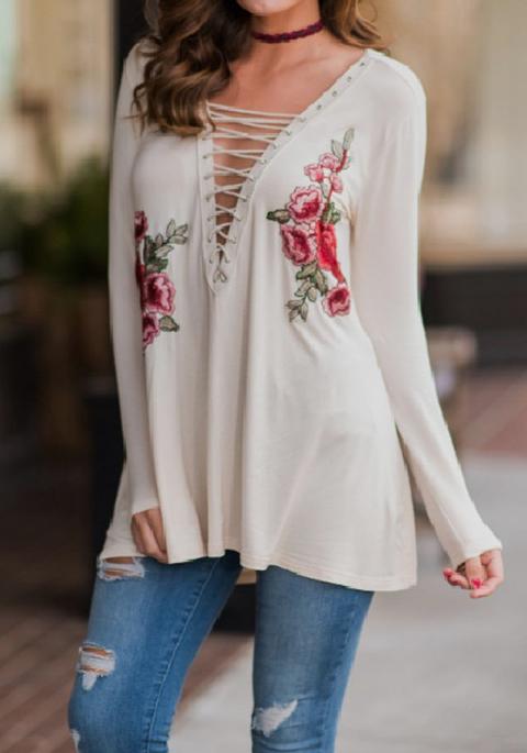 Maglietta Modello Di Fiori Profonda Scollatura Moda Maglia Bianca
