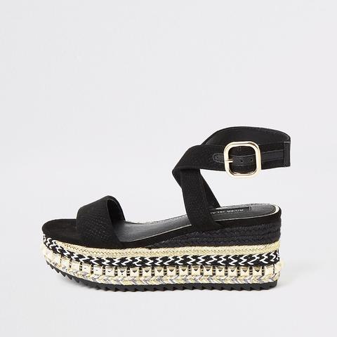 Black Espadrille Wedge Flatform Sandals