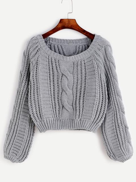 Grey Cable Knit Crop Sweater