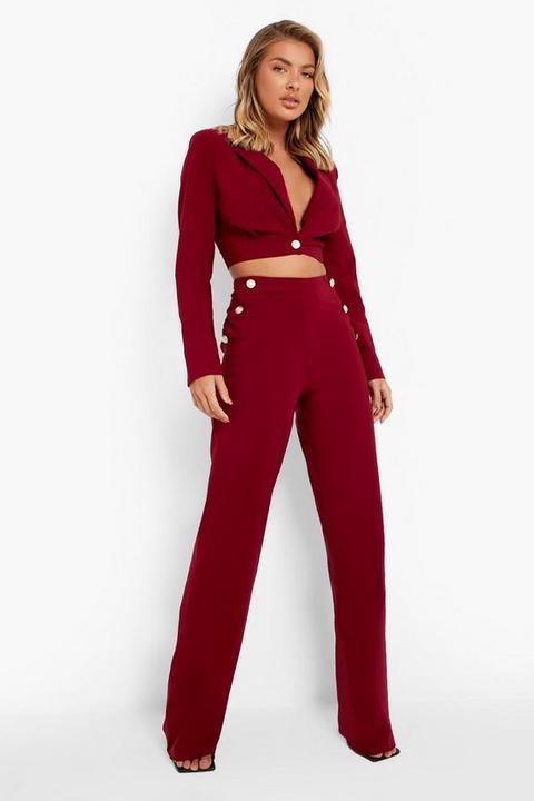 Womens Super Stretch Button Detail Wide Leg Trousers - Red - 16, Red