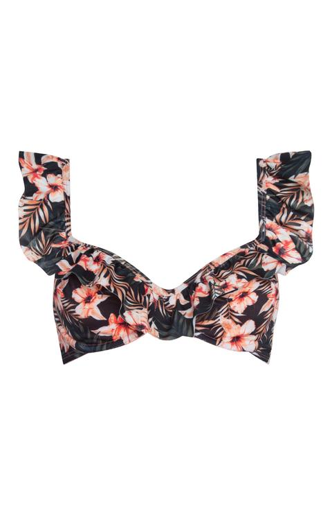 Top De Bikini Negro Floral Con Volante Y Aros