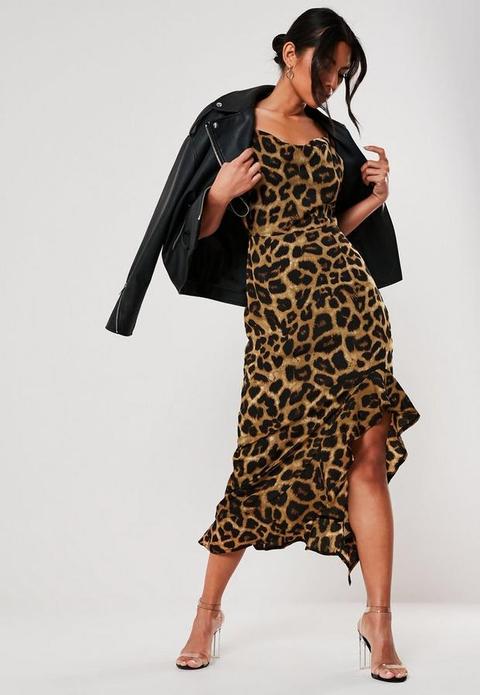Brown Leopard Print Ruffle Side Cami Midi Dress, Leopard