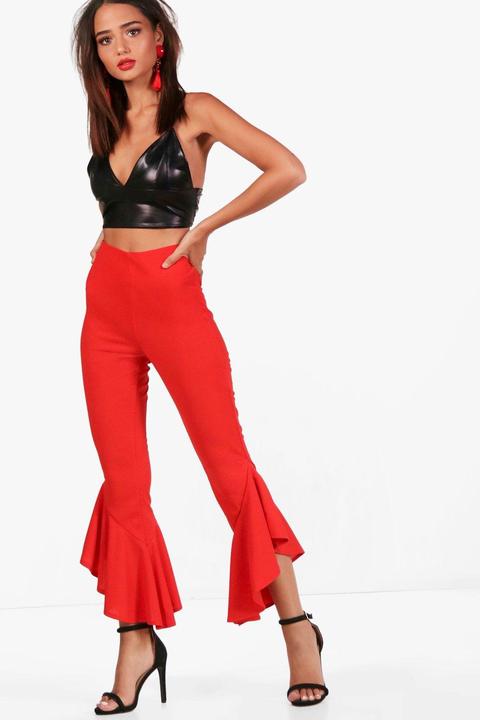 Lola Woven Side Split Ruffle Hem Trousers