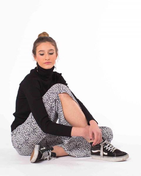 Pantalón Ancho Con Abertura Estampado Leopardo Blanco