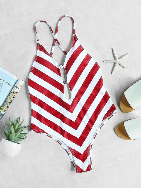 Red White Chevron Print Plunge Neck Crisscross Swimsuit