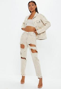 Ripped Mom-jeans In Beige