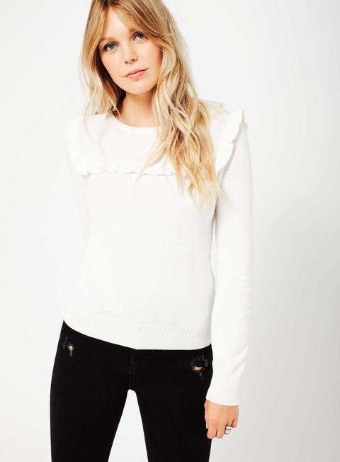 Cream Ruffle Front Knit Jumper