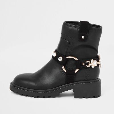 Black Jewel Embellished Biker Boots
