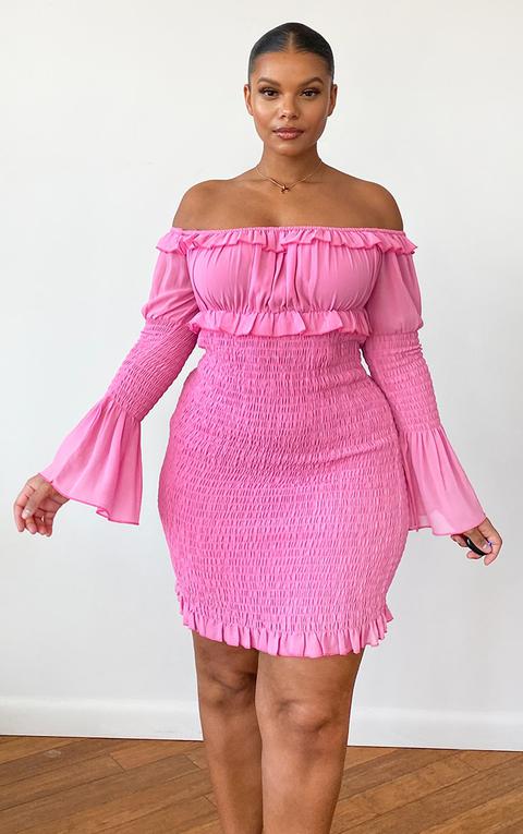 Plus Pink Chiffon Shirred Bodycon Dress