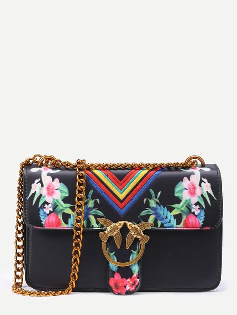 Bolso Con Solapa Con Estampado De Flor Con Bordado