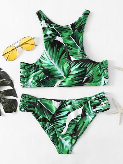 Tankini Con Estampado De Hoja Con Abertura - Verde