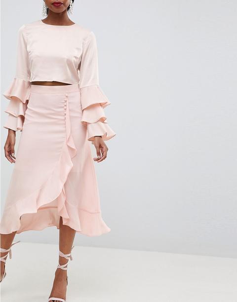 Asos Design - Gonna Midi In Chiffon Con Bottoni E Volant - Rosa