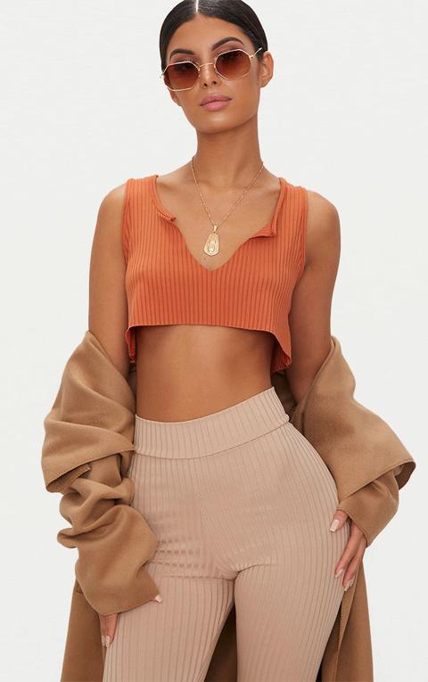 Burnt Orange Rib Deep V Raw Edge Crop Top