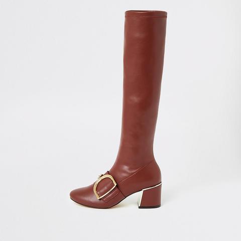 Burgundy Buckle Strap Knee High Boots