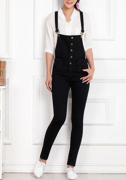 Black Plain Shoulder-strap Buttons Zipper Fashion Long Jumpsuit