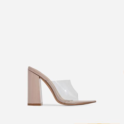 Kelby Pointed Peep Toe Block Heel Mule In Nude Patent, Nude