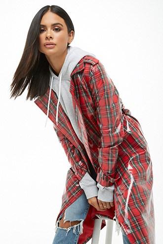 Forever 21 Vinyl Plaid Trench Coat Red/multi