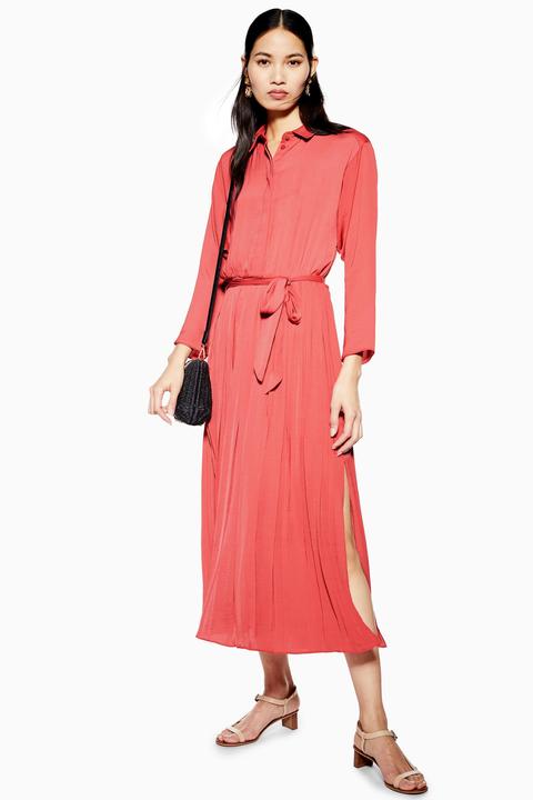 Womens Satin Pleat Shirt Dress - Rose, Rose