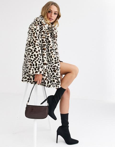 Jayley Giraffe Print Faux Fur Coat-brown