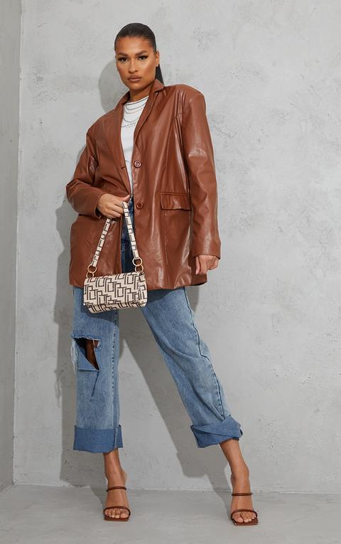 Toffee Faux Leather Oversized Dad Blazer