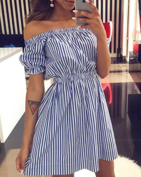 Pinstriped Bardot Puff Sleeve Mini Dress