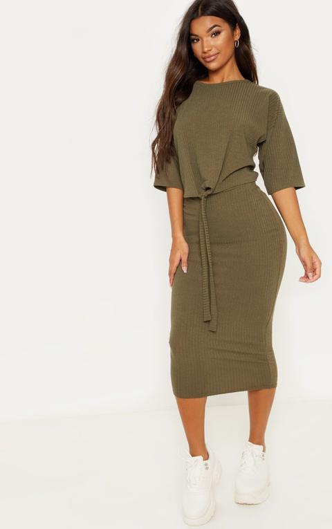 Khaki Rib High Waisted Midi Skirt