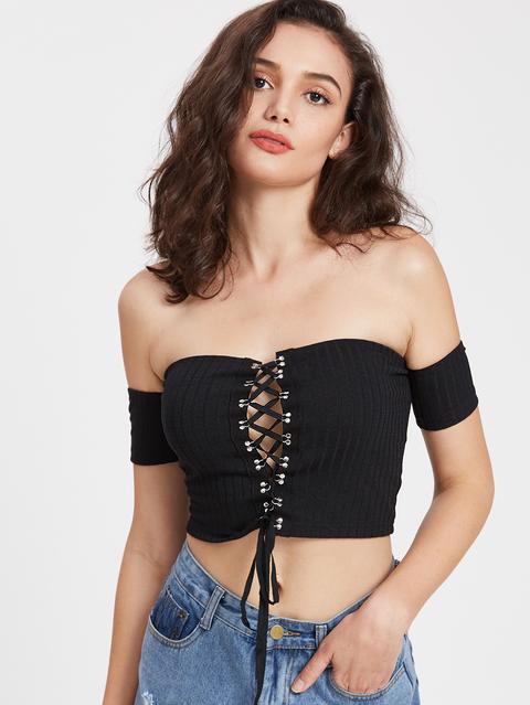 Lace Up Off Shoulder Ribbed Crop T-shirt