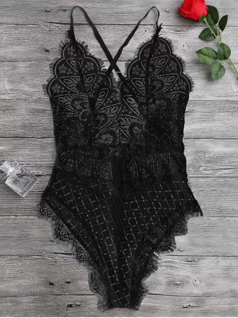 Scaolloped Sheer Cuello De Encaje Teddy Bodysuit