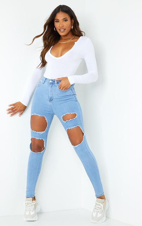 Prettylittlething Light Wash Open Thigh Ripped 5 Pocket Skinny Jeans