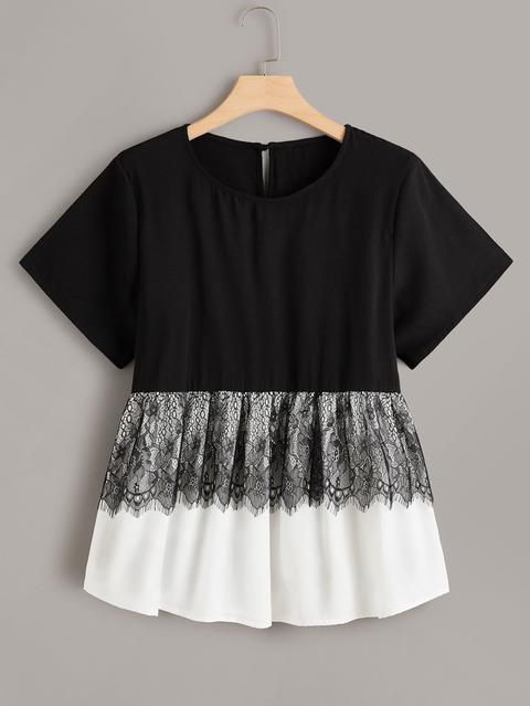 Camicetta Bicolore Con Pizzo A Contrasto Taglie Forti