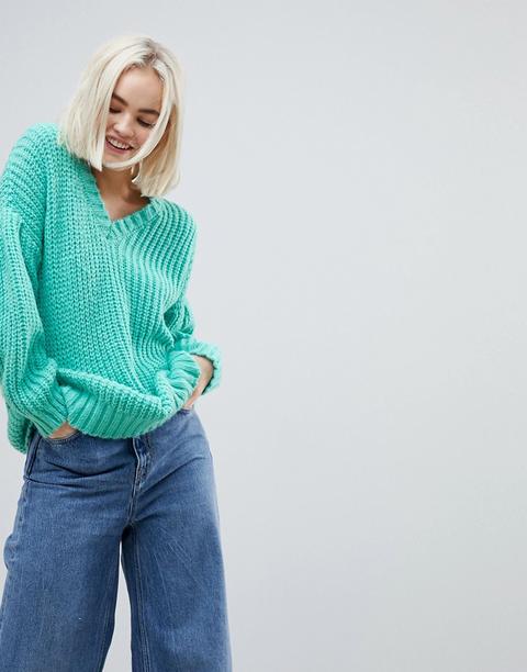 Asos - Maglione Oversize A Coste Con Maniche A Pieghe - Verde