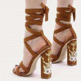 Wilderness Embroidered Lace Up Heels In Tan Faux Suede