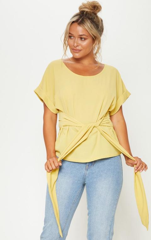 Pale Olive Short Sleeve Belted Top