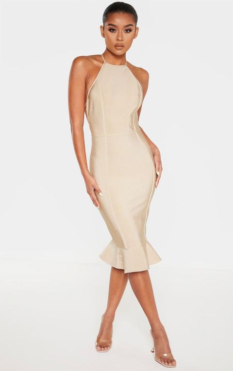 Champagne Bandage Cross Strap Open Back Frill Hem Midi Dress