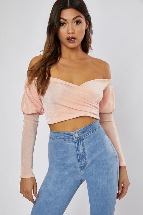 Pink Tops - Mamina Light Pink Slinky Puff Sleeve Bardot Crop Top