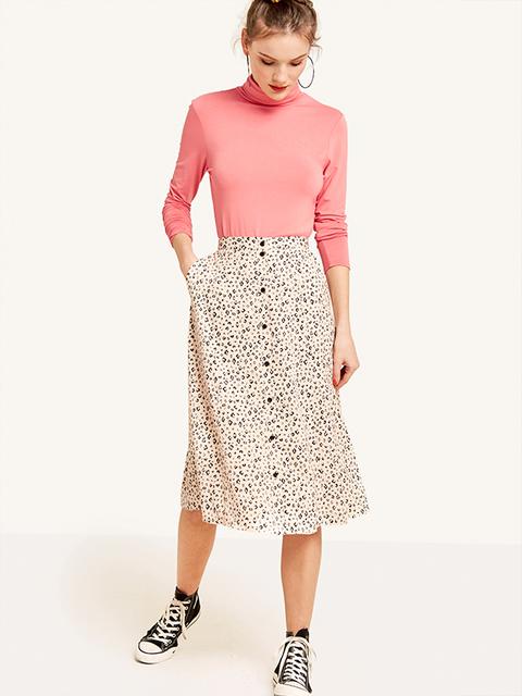 Cream Leopard Satin Midi Skirt