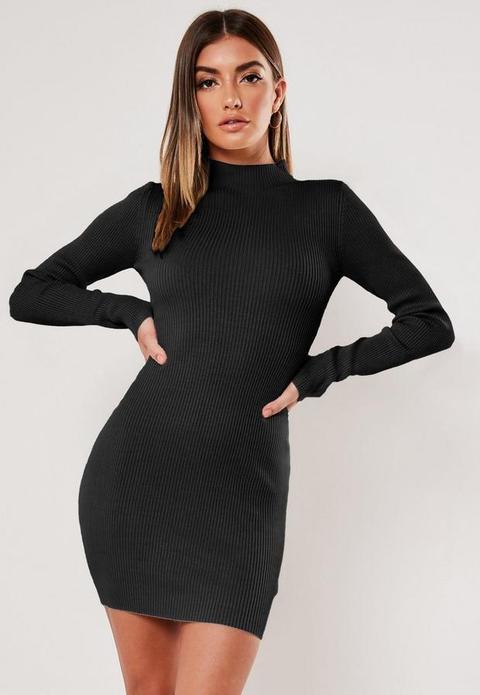 Black Rib Knit High Neck Mini Dress, Black