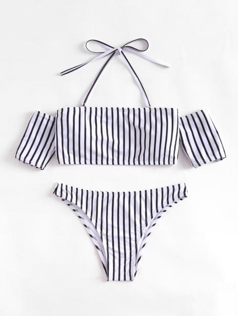 Bikini A Righe Con Spalle Scoperte